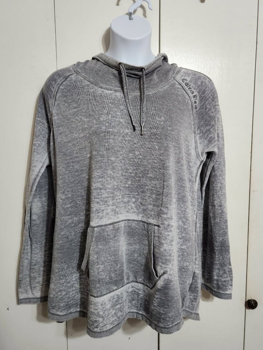 Calvin Klein Women XXL Sweatshirt Acid Wash Gray Drawstring Cowl Neck Pouch